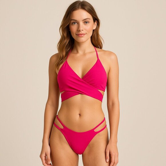 South Beach Barbiecore Pink Bikini Set Strappy Wrap Y2K Swim US 8 - Picture 1 of 11